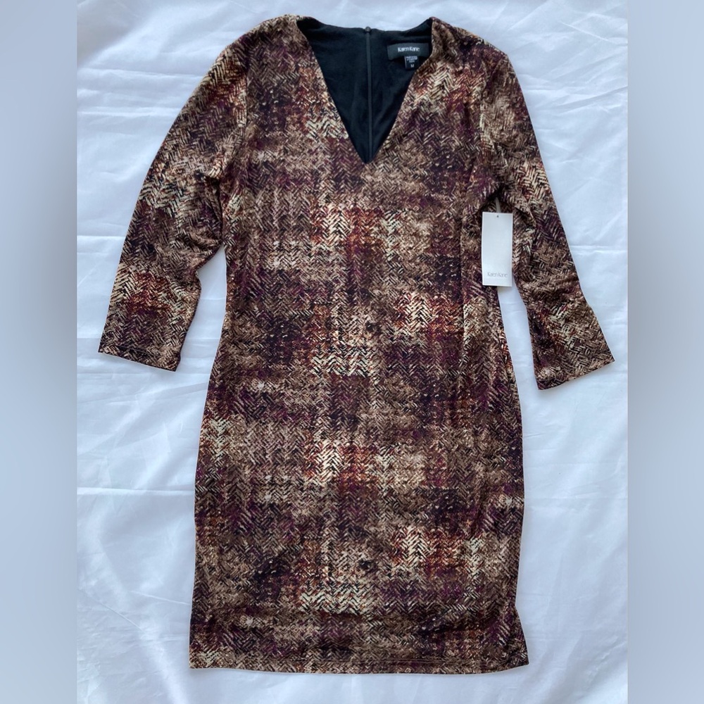 KAREN KANE WOMEN’S V-NECK JERSEY SHEATH MINI DRESS, SIZE M, NWT, BROWN, STRETCHY